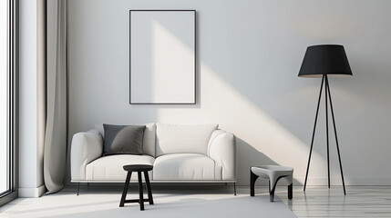 Minimal. Black or Gray living room interior with white fabric sofa.Generative AI