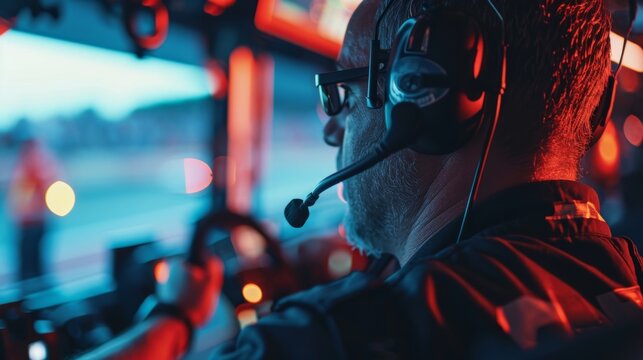 Intense closeups of team managers and mechanics their eyes glued to the timing screens and radios as they anxiously monitor the race.