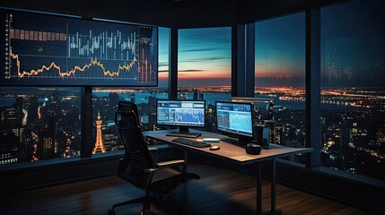 An office with several monitors and trading screens. Generative AI.