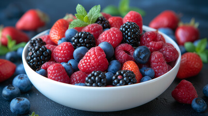 White bowl full of fresh berries. Strawberries, raspberries, blueberries and blackberries. - Powered by Adobe