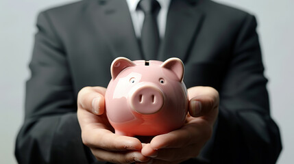a professional in formal attire holding a piggy bank