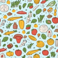 Seamless pattern with farmer's market illustration on a blue background