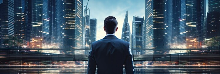 Man in a suit gazing out at a bustling cityscape from a reflective skyscraper. - obrazy, fototapety, plakaty