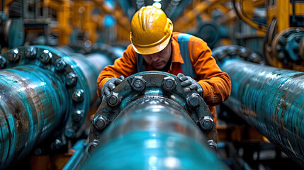 Male worker inspection at steel long pipes and pipe elbow in station oil factory during refinery valve.Generative AI
