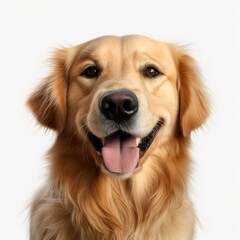 Close-up of a Golden Retriever against a white background.