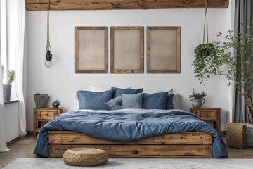 Wooden bed frame with blue pillows. Generative Ai.