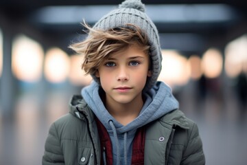 Portrait of a cute young boy in winter coat and hat.
