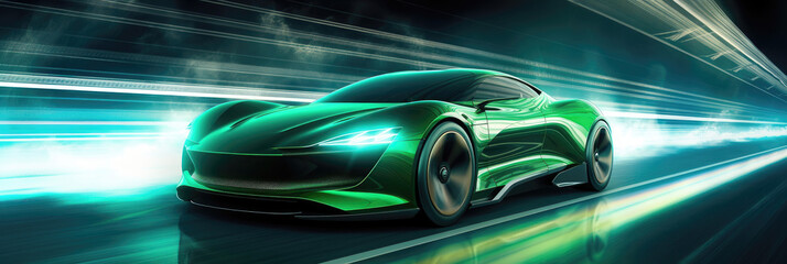 Sleek green sports car speeding with motion blur on a futuristic city track.