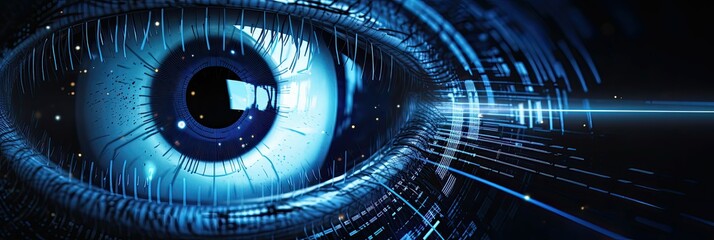 Close-up of a human eye with futuristic digital enhancements and blue glow.