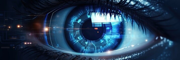 A highly detailed blue human eye with advanced digital augmentation and light effects.