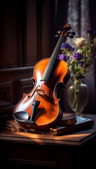 A shallow depth of field surrounds a classical violin resting on an antique wooden table, with sheet music in the background.

