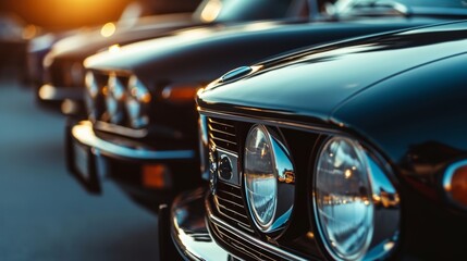 A row of small rectangular headlights with a black trim characteristic of Eastern European cars and their practical and utilitarian design. - obrazy, fototapety, plakaty
