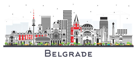 Belgrade Serbia City Skyline with Color Buildings Isolated on White. Vector Illustration. Belgrade Cityscape with Landmarks. Business Travel and Tourism Concept with Historic Architecture.