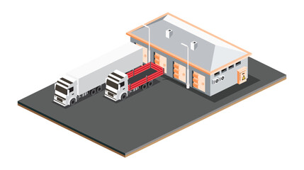 Isometric small warehouse. Warehouse storage facilities with trucks isolated on white background. Loading discharging terminal.