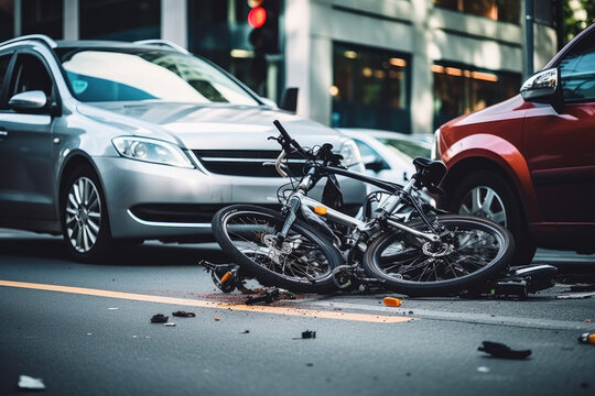 car and bicycle accident at an intersection of city streets