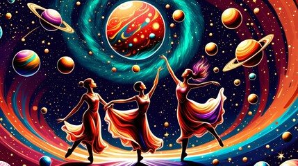 Vibrant Cosmic Ballet: Elegant Dancers Amidst Colorful Planets in a Starry Universe