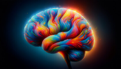 An artistic representation of a human brain viewed from the side, with vibrant colors indicating areas of intense activity - obrazy, fototapety, plakaty