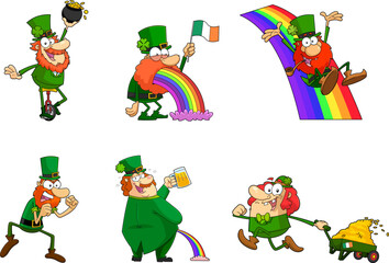 Lucky Leprechauns Cartoon Characters. Vector Hand Drawn Collection Set Isolated On Transparent Background