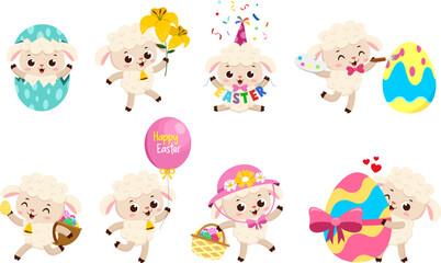 Naklejka premium Cute Little Sheep Cartoon Character. Vector Flat Design Collection Set Isolated On Transparent Background