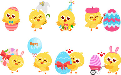 Cute Yellow Chick Cartoon Character. Vector Flat Design Collection Set Isolated On Transparent Background
