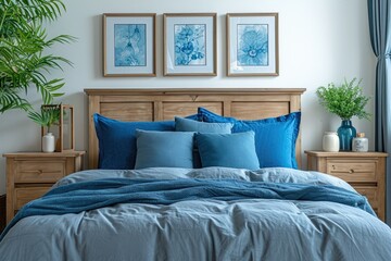 Wooden bed frame with blue pillows. Generative Ai.