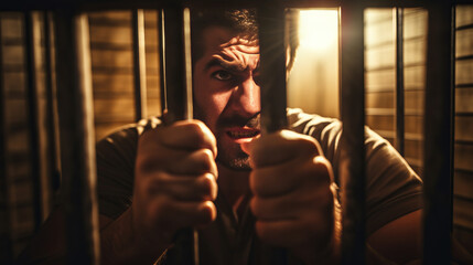 Angry male inmate confined behind bars desperately asking to released from custody symbolizing quest for fairness, dangerous criminal man in prison embodies societal threat - obrazy, fototapety, plakaty