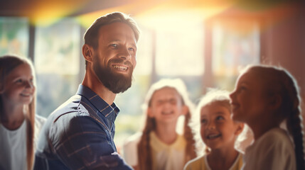 Handsome smiling man teacher in children class radiates positivity while teaching fostering connection with children and making learning delightful experience, productive teaching methods - obrazy, fototapety, plakaty