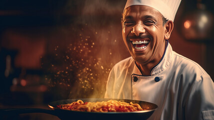 Smiling Indian chef cooking flavorful spicy dish showcasing rich diversity and aromatic allure of...