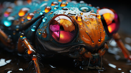 Colorful insect, Golden Spider Eye Reflecting Blue Water with Decorative Light and color
