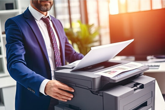 Businessman print paper on a multifunction laser printer in business office. Document and paperwork. Secretary work. Copy, print, scan, and fax machine. Print technology. Photocopy