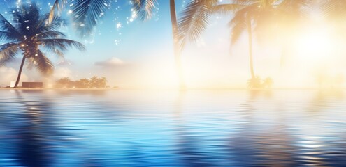 A view of the beach in the afternoon with Palm trees on the side. Generative AI