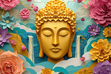 glowing golden buddha face with paper cut colorful flowers, nature background, zen garden