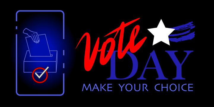 Banner calling for electronic voting. Neon image of a phone and a hand dropping a ballot into a container. Inscription Election Day, make your choice. Vector illustration.