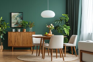 Round wooden dining table with seats in mint color. Generative Ai.
