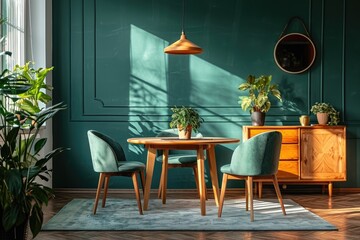 Round wooden dining table with seats in mint color. Generative Ai.