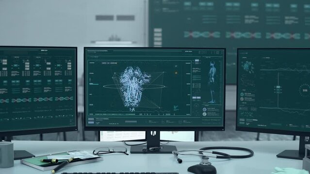 Epidemic disease analysis at the futuristic laboratory. Medical software deals with the epidemic disease analysis. Epidemic virus disease analysis identified covid-19 spike protein structure.
