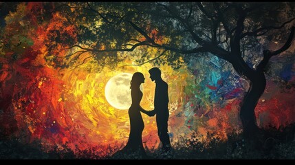 Silhouette of a man and a woman in the forest. Valentine's day