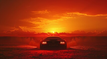 Against the backdrop of a fiery sunset the cars headlights stand out like two blazing flames highlighting the harsh and unrelenting hot climate of the desert.