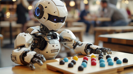 Fototapeta na wymiar AI robot playing board games inside a cafe.