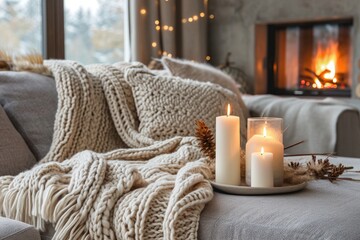Fototapeta na wymiar Chunky crocheted blanket in beige on a grey sofa. Generative Ai.