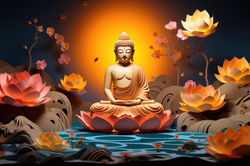glowing golden buddha with paper cut colorful flowers, nature background, zen garden