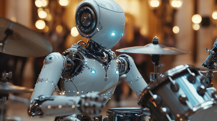 Robot playing a drum set, concept for AI music generation.