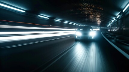 Intense closeup shot of car headlights piercing through the darkness of a tunnel leaving a trail of bright white streaks behind. The tunnel walls seem to close in only intensifying