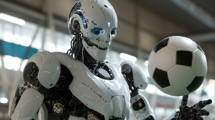 Fototapeta premium Robot playing with soccer ball. Active exercise training of robots. STEM field.