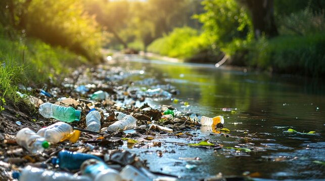 Plastic trash in the river, environment pollution and ecology concept, plastic hazards and waste