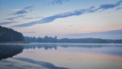 Fototapeta premium Lake in the Morning - Landscape - Background - Water - Sunset - Clouds - Seascape - Nature - Fog - Teupitz - See - Brandenburg - Germany