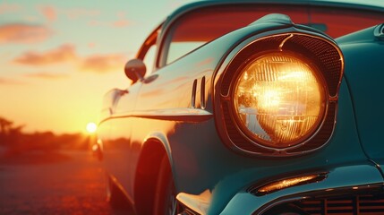 A closeup shot of a vintage cars headlights creating a nostalgic sunset silhouette that takes us back in time. - obrazy, fototapety, plakaty