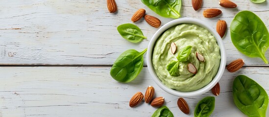 Top view of a white wooden table with avocado cream, almonds, and spinach.