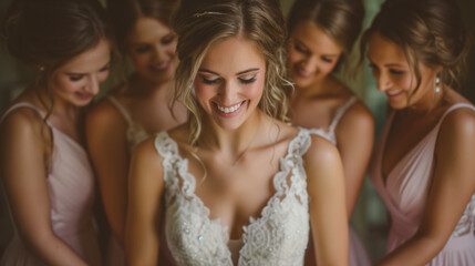 Bride getting ready for the wedding day with her bridesmaids. - obrazy, fototapety, plakaty