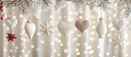 Isolated white Christmas decorations with hearts and stars.